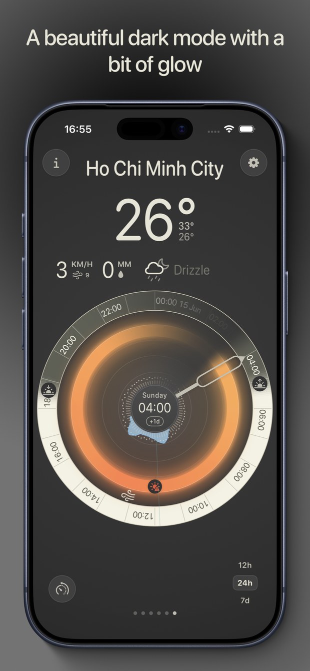 Southerly in dark mode, the dial glowing on a charcoal background.